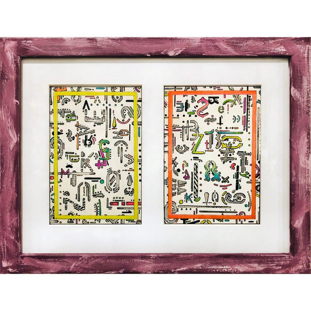 ORIGINAL FRAMED DRAWING Neon Abstract Typography